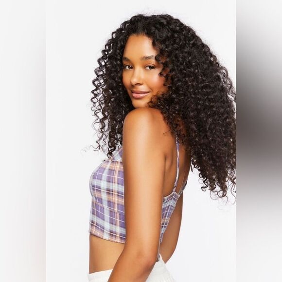 Plaid Cropped Cami Top in Sugarplum, Purple Blue Multi Size Small - Picture 3 of 9